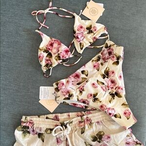 Aguaclara Floral Triangle Bikini Top & High-Cut Bottoms and Linen Shorts Small